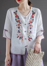 Load image into Gallery viewer, Modern White V Neck Embroideried Floral Button Linen Shirt Half Sleeve