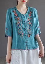 Load image into Gallery viewer, Modern White V Neck Embroideried Floral Button Linen Shirt Half Sleeve