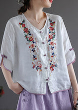 Load image into Gallery viewer, Modern White V Neck Embroideried Floral Button Linen Shirt Half Sleeve