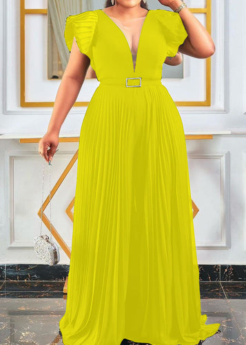 Modern Yellow V Neck Wrinkled Sashes Solid Tulle Patchwork Jumpsuit Summer