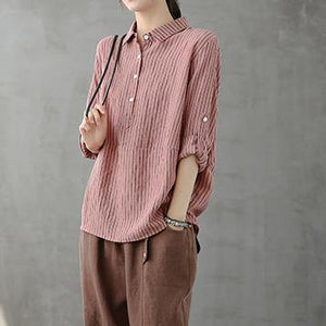 Modern lapel Button Down tops women Fabrics pink striped shirt
