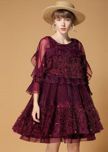 Load image into Gallery viewer, Mulberry Patchwork Tulle Dress Sequins Hollow Out Half Sleeve