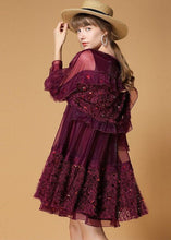 Load image into Gallery viewer, Mulberry Patchwork Tulle Dress Sequins Hollow Out Half Sleeve