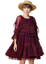 Load image into Gallery viewer, Mulberry Patchwork Tulle Dress Sequins Hollow Out Half Sleeve