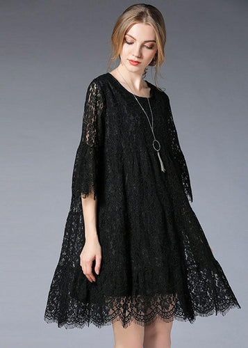 Natural Black Flare Sleeve Hollow Out Spring Holiday Dress