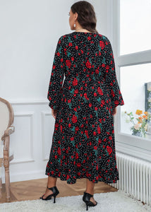 Natural Black Print Wrinkled Chiffon Long Dress Fall