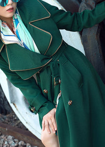 Natural Blackish Green Notched Patchwork Long Sashes Trench Coats Long Sleeve