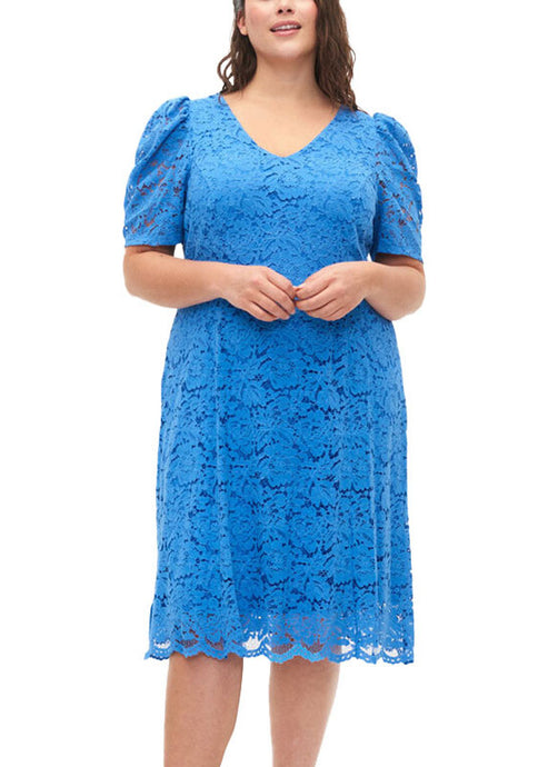 Natural Blue O-Neck Hollow Out Solid Lace Mid Dress Summer