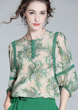 Load image into Gallery viewer, Natural Green O Neck Lace Patchwork Print Silk T Shirt Spring