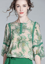 Load image into Gallery viewer, Natural Green O Neck Lace Patchwork Print Silk T Shirt Spring