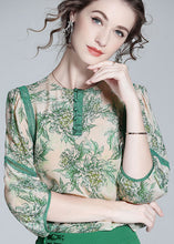 Load image into Gallery viewer, Natural Green O Neck Lace Patchwork Print Silk T Shirt Spring