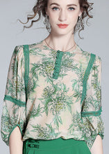 Load image into Gallery viewer, Natural Green O Neck Lace Patchwork Print Silk T Shirt Spring