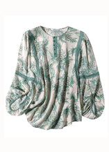 Load image into Gallery viewer, Natural Green O Neck Lace Patchwork Print Silk T Shirt Spring