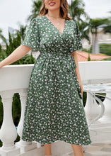 Load image into Gallery viewer, Natural Green Print Tie Waist Chiffon Long Dresses Summer