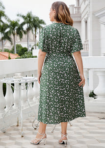 Natural Green Print Tie Waist Chiffon Long Dresses Summer