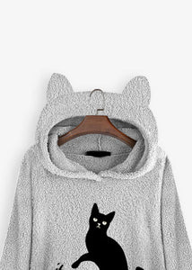 Natural Grey Hooded Print Pockets Patchwork Teddy Faux Fur Sweatshirts Fall