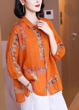 Load image into Gallery viewer, Natural Orange Peter Pan Collar Print Button Side Open Linen Top Half Sleeve