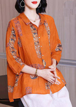 Load image into Gallery viewer, Natural Orange Peter Pan Collar Print Button Side Open Linen Top Half Sleeve