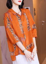 Load image into Gallery viewer, Natural Orange Peter Pan Collar Print Button Side Open Linen Top Half Sleeve