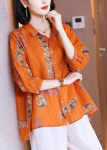 Load image into Gallery viewer, Natural Orange Peter Pan Collar Print Button Side Open Linen Top Half Sleeve