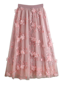 Natural Pink Embroideried Floral tulle Skirts Spring