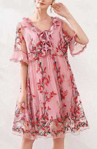 Natural Pink Embroidery Lace Bow Summer Dress