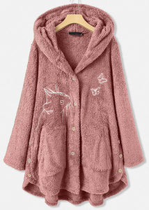 Natural Pink Hooded Embroideried Patchwork Teddy Faux Fur Coats Fall