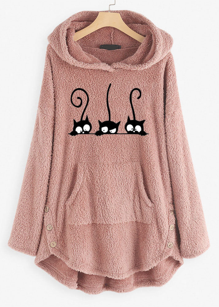 Natural Pink Hooded Print Low High Design Teddy Faux Fur Sweatshirts Fall