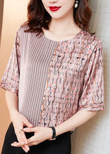 Load image into Gallery viewer, Natural Pink O Neck Patchwork Print Silk T Shirt Tops Summer