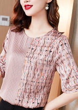 Load image into Gallery viewer, Natural Pink O Neck Patchwork Print Silk T Shirt Tops Summer