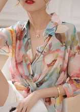 Load image into Gallery viewer, Natural Pink Peter Pan Collar Print Silk Top Bracelet Sleeve