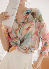 Load image into Gallery viewer, Natural Pink Peter Pan Collar Print Silk Top Bracelet Sleeve