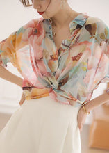 Load image into Gallery viewer, Natural Pink Peter Pan Collar Print Silk Top Bracelet Sleeve