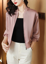 Load image into Gallery viewer, Natural Pink Stand Collar Zippered Solid Coats Long Sleeve