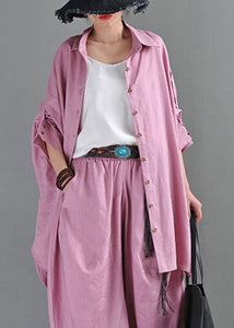 Natural Purple Pink Colour Peter Pan Collar Button Low High Design Linen Shirts Long Sleeve