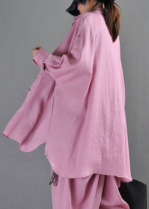 Natural Purple Pink Colour Peter Pan Collar Button Low High Design Linen Shirts Long Sleeve