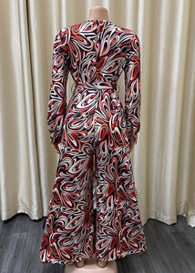 Natural Purple V Neck Print Tie Waist Jumpsuit Long Sleeve