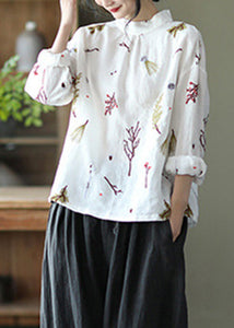 Natural White Print Linen Shirt Long Sleeve