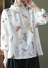 Load image into Gallery viewer, Natural White Print Linen Shirt Long Sleeve