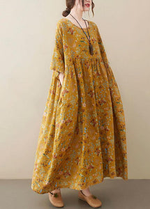 Natural Yellow O-Neck Pockets Print Summer Sundress