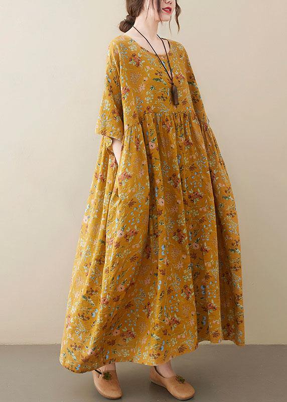 Natural Yellow O-Neck Pockets Print Summer Sundress