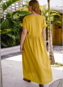 Natural Yellow V Neck Ruffled Patchwork Chiffon Long Dresses Short Sleeve