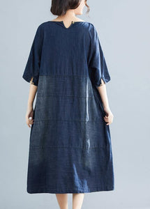 Natural denim blue Cotton outfit 18th Century Catwalk o neck Midi Summer Dresses