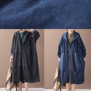 Natural hooded Hole Plus Size outfit denim blue silhouette coats