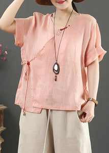 Natural o neck Button Down linen tunic pattern Inspiration pink tops