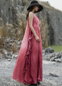 Natural ruffles side linen Robes Wardrobes pink layered Dress summer