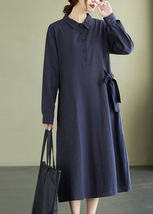 Navy Button Pockets Cotton Long Dresses Spring