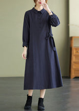 Load image into Gallery viewer, Navy Button Pockets Cotton Long Dresses Spring