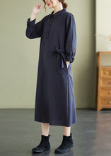 Load image into Gallery viewer, Navy Button Pockets Cotton Long Dresses Spring