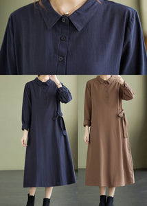 Navy Button Pockets Cotton Long Dresses Spring